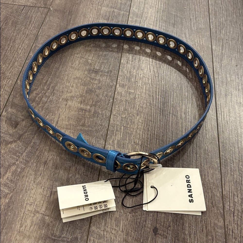 Sandro Blue With Gold Eyelet Detail Leather Belt - Picture 2 of 4
